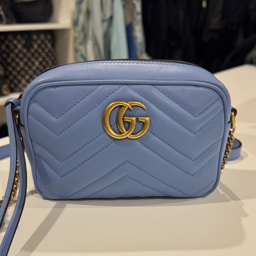 Gucci GG Marmont mini camera bag light blue